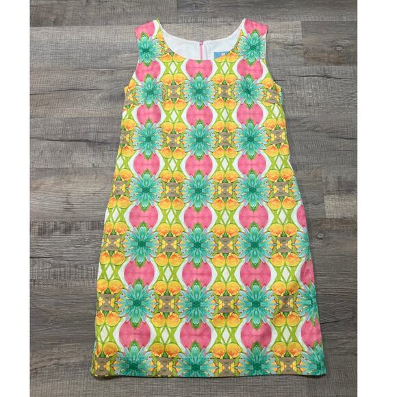 Kaeli Smith Large Cotton Midi Dress Geometric Fruit Print Pockets Prep Colorful - Picture 1 of 6